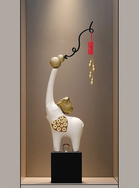 新中式玄关招财纳福陶瓷大象摆件高档客厅电视柜竖高装饰工艺礼品