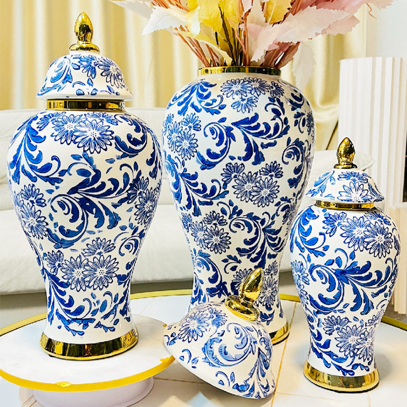 新中式复古手工蓝彩青花轻奢电镀金色将军瓶客厅酒店玄关插花摆件