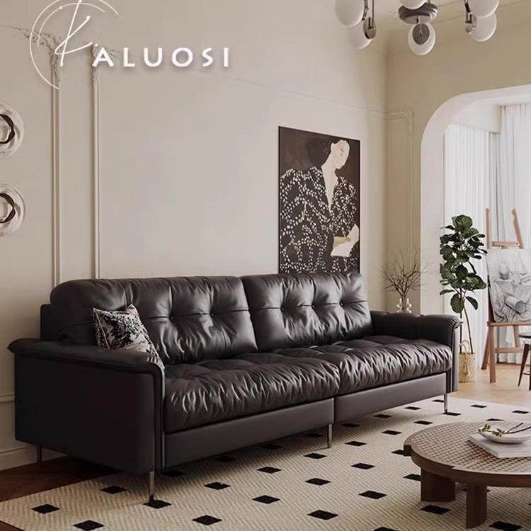 中古风真皮沙发黑色油蜡皮星云沙发复古风设计师客厅小户型三人位