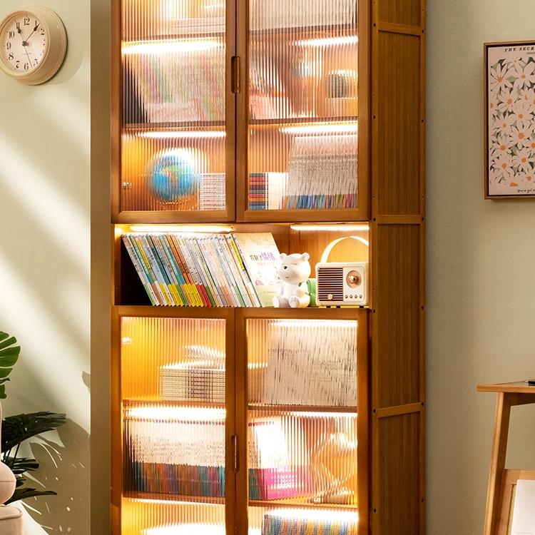书柜现代简约带门防尘格子柜实木书架窄柜置物落地组合立柜储物柜