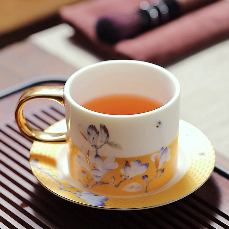 羊脂玉茶杯带把主人杯单杯下午茶描金茶具个人专用陶瓷茶盏喝茶杯