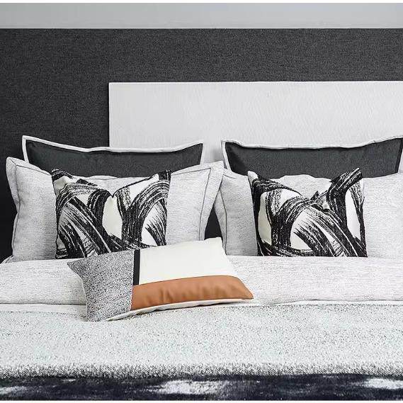 蓝梦格调样板房床上用品黑白水墨纹抱枕粗肌理搭巾新中式多件套