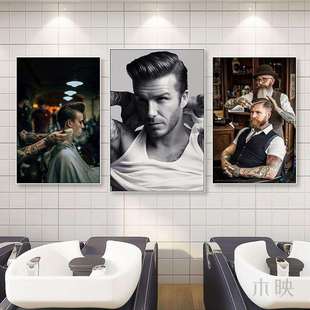 复古男士油头发型装饰画型男发型理发店美发店壁画发廊手艺人挂画