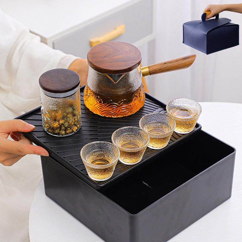 玻璃旅行茶具套装便携包户外侧把一壶四杯茶盘小套收纳包简约现代