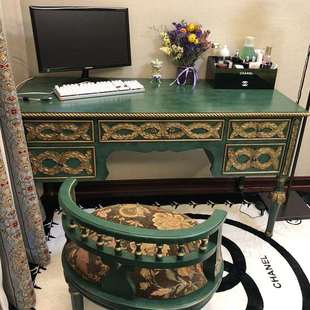 美式 办公桌椅孔雀绿写字台电脑桌家用 乡村实木书房书桌简约台式