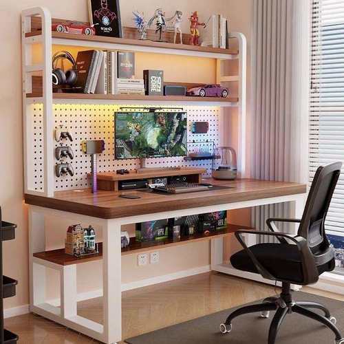 实木书桌台式电脑桌卧室书架一体小户型洞洞板学习桌子家用办公桌