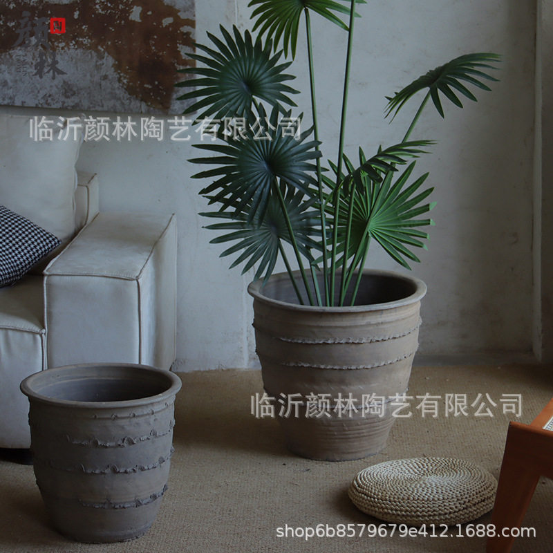 粗陶花盆大口径陶土盆民宿装饰盆透气陶缸复古种树大号花盆纯手工
