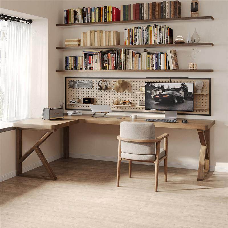 严选实木转角学生家用卧室靠墙写字书桌书架电脑办公桌型工作台