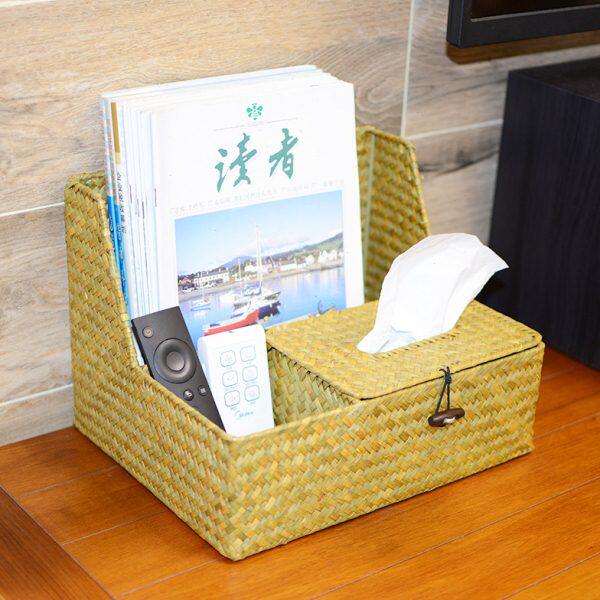 厂家海草编织收纳盒带盖桌面文件整理收纳筐多功能抽式纸巾盒