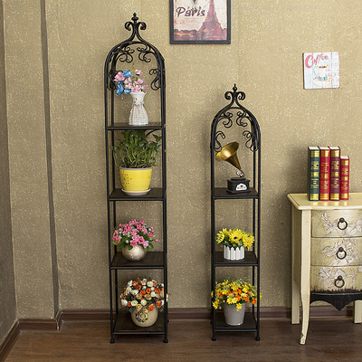 现代简约铁艺复古花架实木落地多层收纳置物架阳台客厅阶梯花盆架