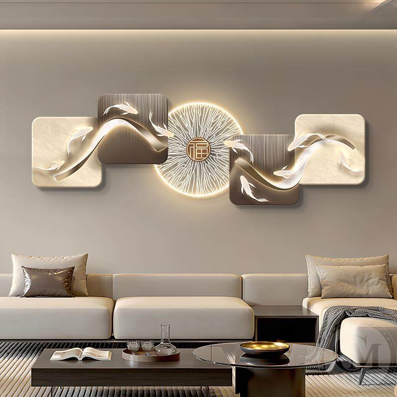 简约现代九鱼图客厅装饰画高级感led灯画沙发背景墙福字画寓意好,家居饰品,氛围画/灯画,淘宝优惠券,粉丝福利购,淘宝优惠卷