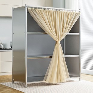 带遮挡帘不锈钢厨房置物架落地多B层微波炉收纳架子全封闭货架阳