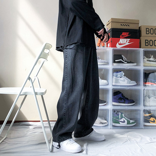 松紧腰抽绳加绒宽松拖地牛仔裤男潮牌直筒坠感秋冬垂感阔腿长裤子
