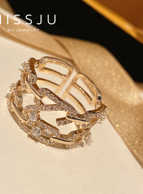 多层线条镶钻锆石指环交叉戒指女排戒冷淡风开口戒港风夸张食指戒