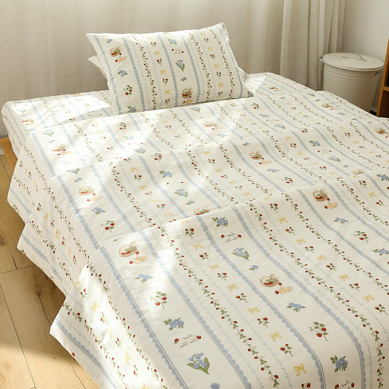 摘草莓小兔全棉单人学生床单纯棉单件1E.5米\1.8m床笠可配三四件