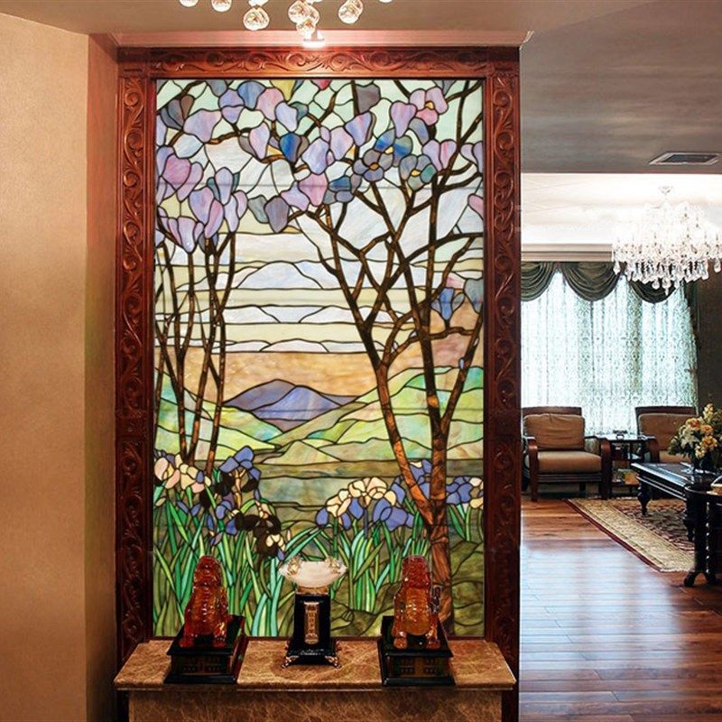 钢化艺术玻璃 电视背景墙门芯隔断屏风欧式M大气双面透光 风景花