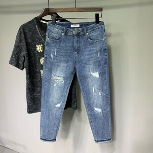夏季破洞牛仔裤男新款修身小脚2023新款水洗蓝休闲百搭弹力九分裤