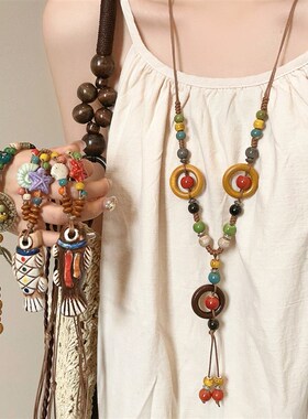 民族风陶瓷流苏叠戴项炼女高级感卫衣炼新中式覆古长版毛衣炼配饰