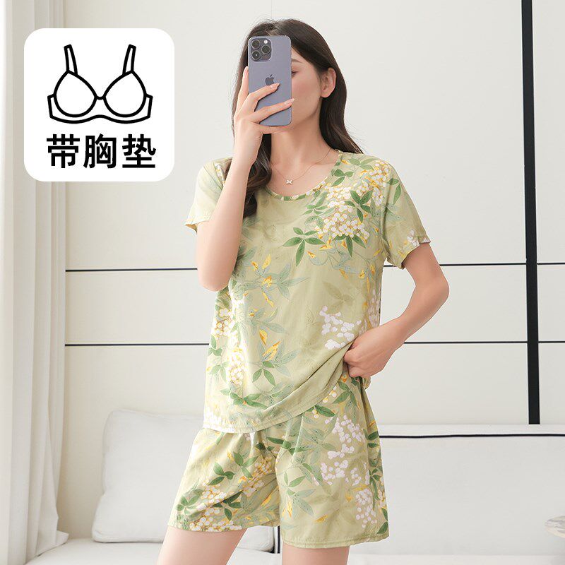 棉绸睡衣女士夏季薄款带胸垫短袖短裤套装可外穿人造棉家居服大码