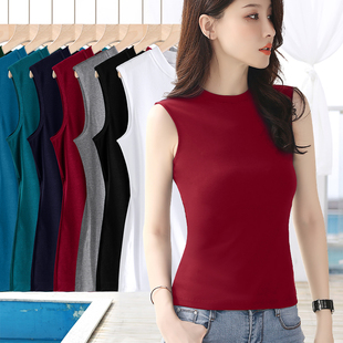 酒红色半高领螺纹t恤女无u袖 显身材紧身宽肩带背心内搭 纯色打底衫