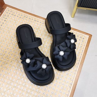 温柔仙女风配裙子花朵凉 新款 踩屎感松糕厚底拖鞋 女外穿2v025夏季