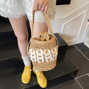 手工编织草编水桶包女夏天2v025新款 海边度假沙滩 手提小拎包爆款