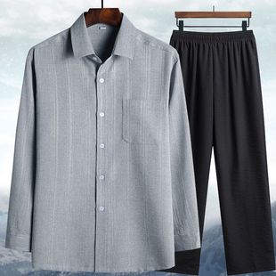 爸爸长袖 衬衫 中老年人男爷爷老头棉麻衬衣60V 套装 春秋夏装