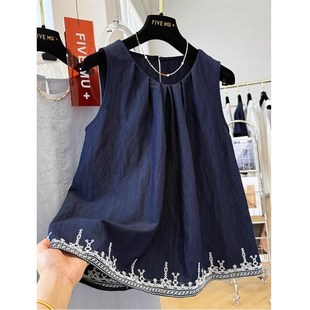 外穿A字W马甲背心上 女夏季 蓝色T恤韩系重工刺绣独特漂亮无袖 小衫