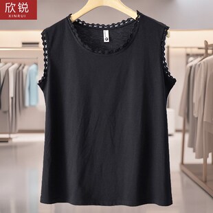 时尚 大码 宽v松纯色遮肚花边无袖 胖mm2025新款 休闲背心T恤上衣 女装
