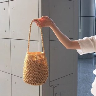 法式 编织包女夏手工手织包包单肩草编藤编草包海边W度假沙滩水桶
