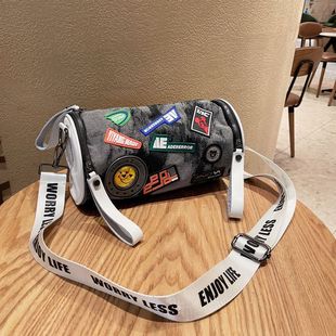 牛仔包包女2022新款 腰包斜挎包圆筒包帆布包休闲水桶包女包 p时尚