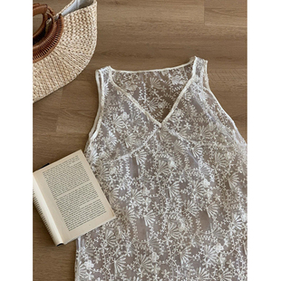 背S心裙无袖 裙帘网纱罩衫 上衣外 中长款 韩系叠穿蕾丝连衣裙女夏季