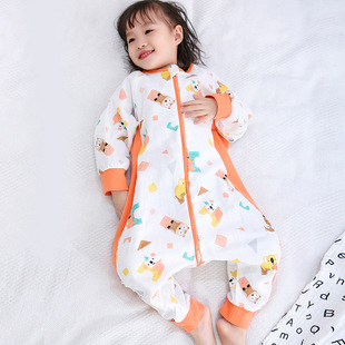 儿童纱布睡衣前四后二纯棉w连体衣宝宝冬天防踢被婴儿分腿睡袋秋