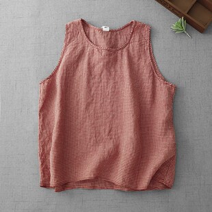 捡漏折扣T恤夏简约套头格子y上衣宽松大码 亚麻背心女 休闲通勤无袖
