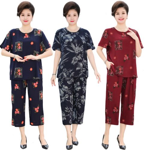 妈妈棉绸睡衣女款短袖绵绸家居服女中老年人造R棉套装夏季加大码