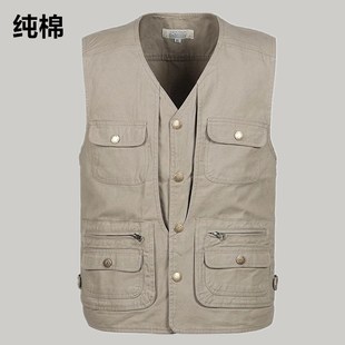 春秋中老年马甲男纯棉大码 休闲户外钓鱼马 多口袋坎肩背I心爸爸装
