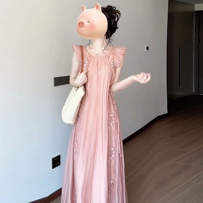 云南旅游穿搭女装粉色镂空小飞袖连衣裙法式温柔S甜美风宽松长裙