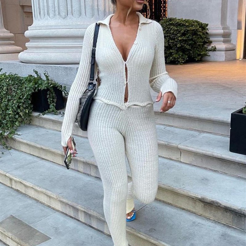 Tossy Skingny Two Piece Set Women Knit VNeck Long Sleeve To