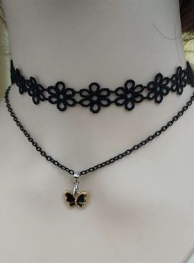 韩版项链女黑色蕾丝锁骨链脖链简约学生项圈多珠子颈链颈带饰品