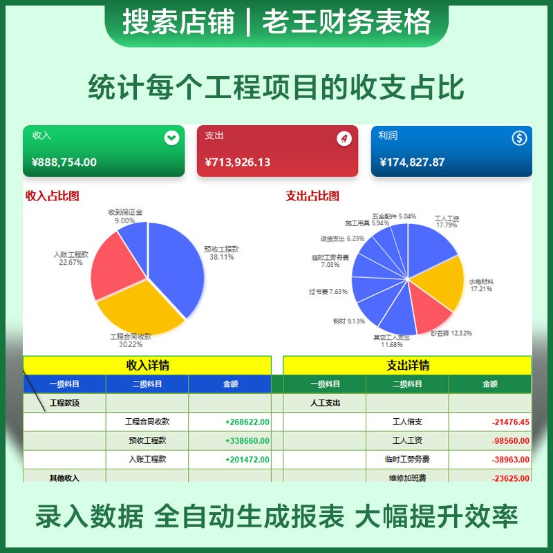 装修建筑工地工程项目收支管理系统记账软件会计EXCEL台账表格