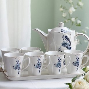 轻奢客厅待客陶瓷茶杯法式 好看杯子耐热水杯家用套装 水具带托盘