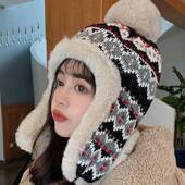 女秋冬季 加厚保暖民族风毛线帽子显脸小护耳毛绒帽骑行防寒套头帽