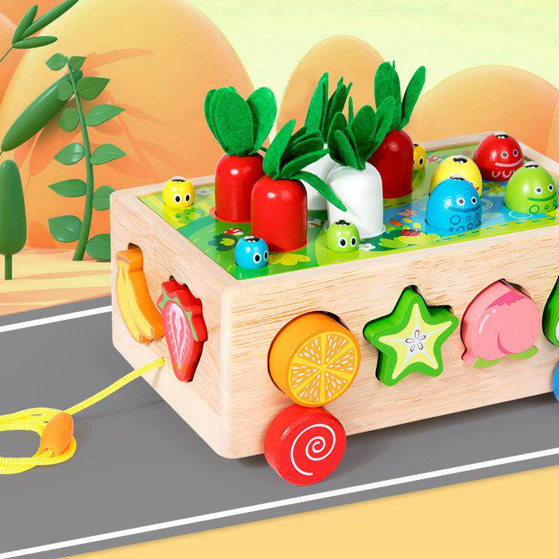 木制儿童早教多功能串珠智力形状拖车趣味农场拔萝卜拆装益智玩具