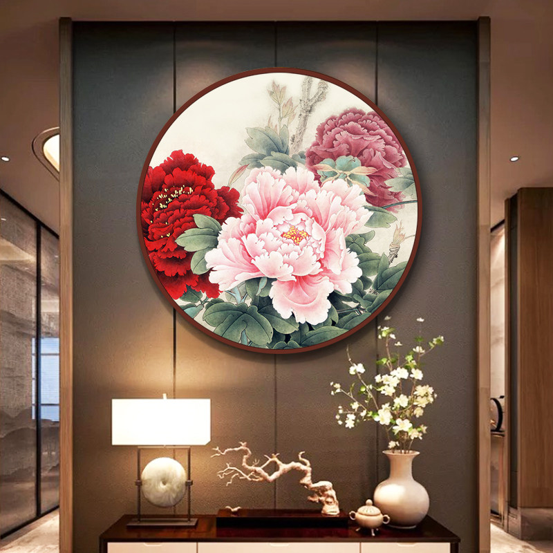 牡丹挂画中式圆形牡丹花装饰画现代简约客厅Q壁画花开富贵玄关画