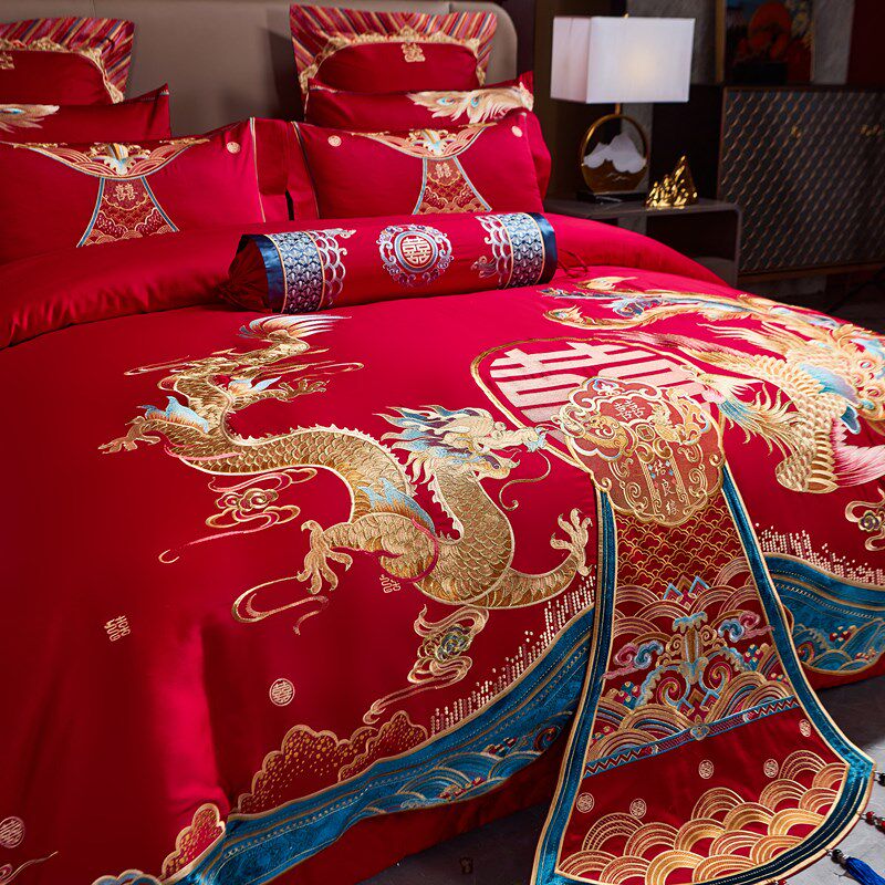 120支a全棉婚庆四件套大红色长绒棉龙凤刺绣结婚喜被床上用品4,床上用品,婚庆床品套件,淘宝优惠券,粉丝福利购,淘宝优惠卷