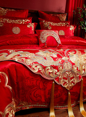 刺绣床旗 全棉结婚饰品婚庆床u上用品大红色1.8m2..2m 四件套配件
