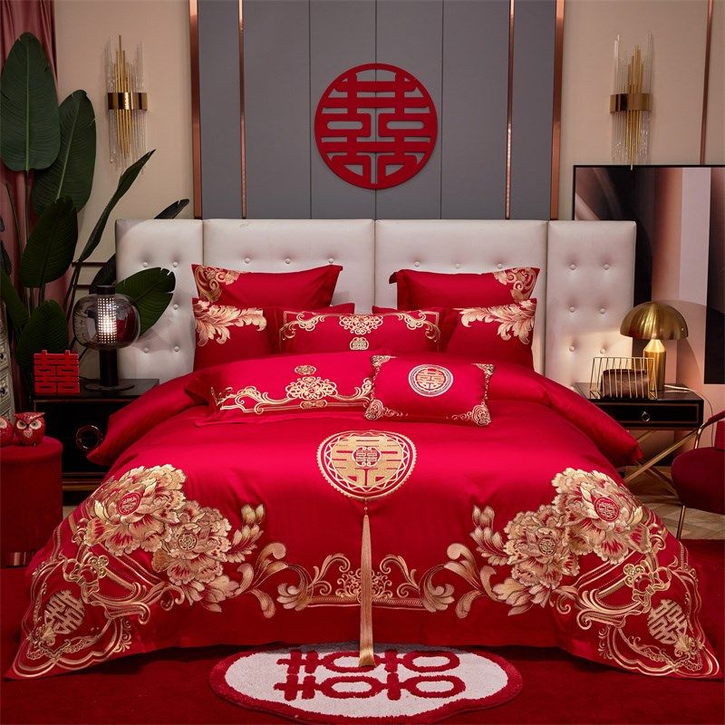 全棉婚庆结婚四件套中式刺绣婚房大红色喜P庆六多件套床上用品,床上用品,婚庆床品套件,淘宝优惠券,粉丝福利购,淘宝优惠卷