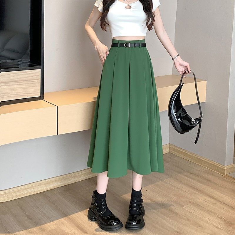 绿色半身裙女夏季带口袋腰带通勤高级感垂感气质西装百褶a字裙子