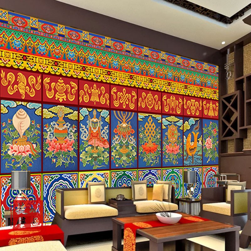 西藏式密宗吉祥八宝壁画佛像神台吊顶墙贴纸天花板屋顶民族风壁纸