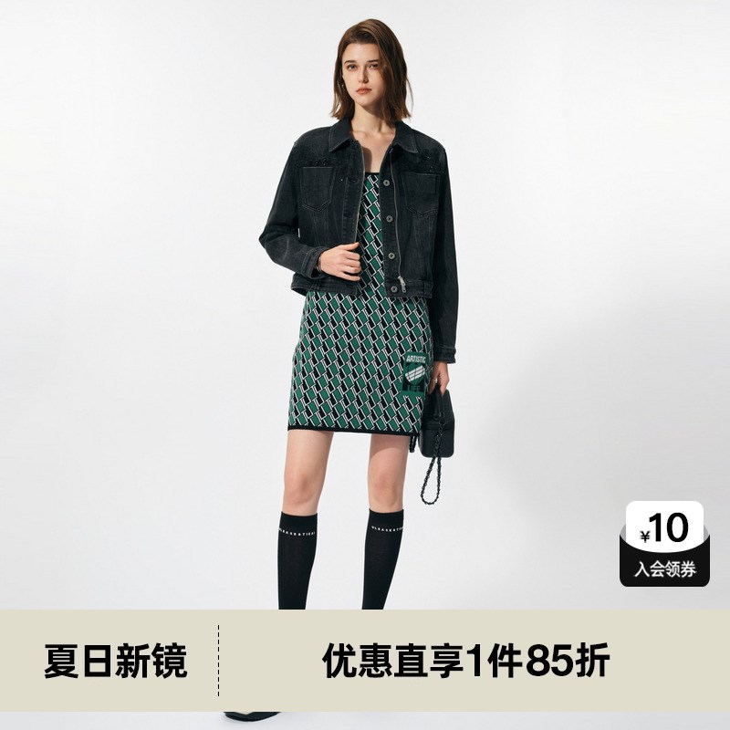 U/TI黑色棉感高腰牛仔外套女 百搭正肩短款上衣尤缇 2025春季新款